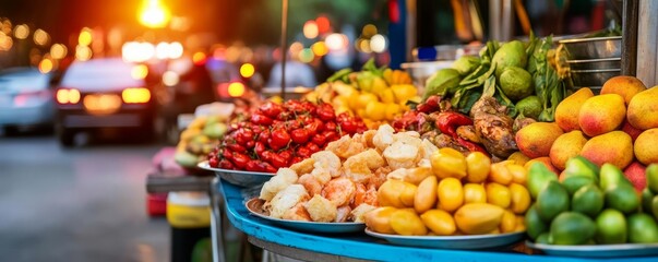 Street food vendor with tropical fruit stand, vibrant city lights
