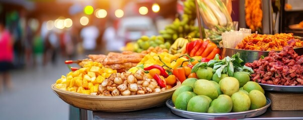 Street food vendor with tropical fruit stand, vibrant city lights
