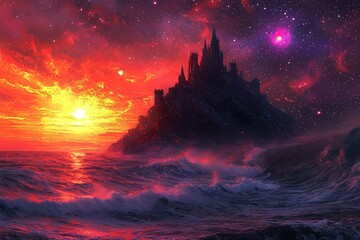 A mystical digital art landscape a castle under a vibrant sunset, surrounded by waves and stars.