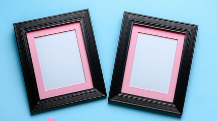 Fototapeta premium Black and Pink Picture Frames with Colorful Stars on Blue Background