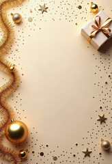 Fototapeta premium Christmas and happy new year flat lay. Gold and black celebration concept with gift box and decoration. Copy space