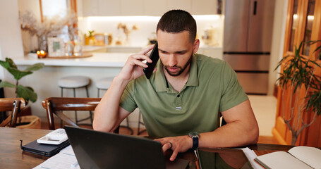 Man, home and laptop in phone call for consultation as client for insurance and life policy. Male...