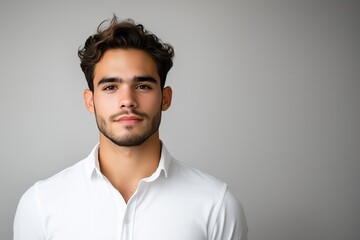 Fototapeta premium Portrait of a young attractive man in a plain white shirt against a light background