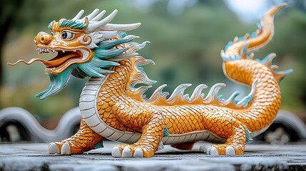 Fototapeta premium Golden Chinese Dragon Statue with Blue and White Details Mythical Creature Asian Culture