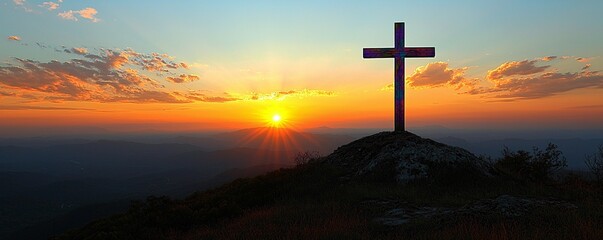 Majestic Cross Silhouette Against Vibrant Sunset Sky Over Mountain Range