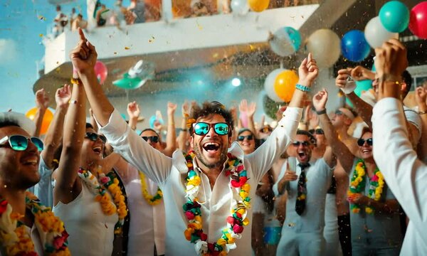 A lively summer gathering unfolds under the sun, where people join together in colorful attire, dancing joyfully while celebrating with friends at a beachside venue - Powered by Adobe