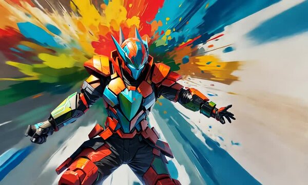 A striking futuristic warrior stands in an action pose, surrounded by a burst of vivid colors that creates an energetic atmosphere, showcasing artistic flair and imagination