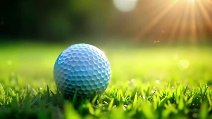 A golf ball on green grass with sunlight background. golf championship 