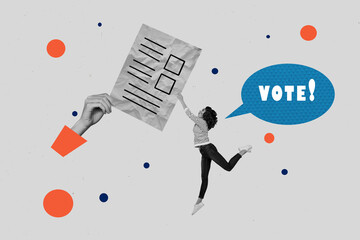 Composite photo collage of astonished girl jump hands hold paper sheet ballot election bulletin bubble vote isolated on painted background