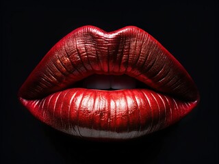 Stunning Red Metallic Lipstick Smudge on Black Isolated Background for Beauty Product Photography, Perfect for Makeup Promotions, Social Media, and Cosmetic Branding