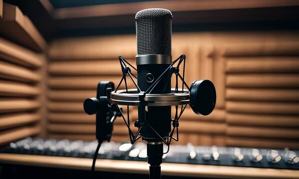 A close-up of a microphone on a stand, designed for recording audio in a studio setting.