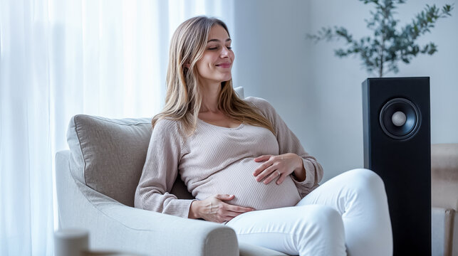 jeune femme enceinte assise dans un fauteuil et qui &eacute;coute de la musique &agrave; c&ocirc;t&eacute; d'un haut-parleur