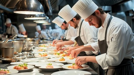A group of chefs preparing a large meal in a busy kitchen