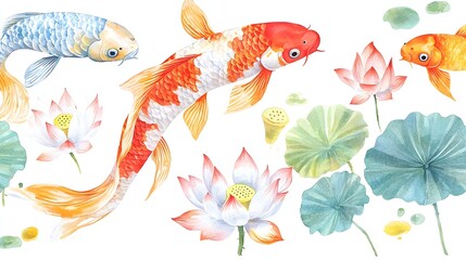 Fototapeta premium Koi Fish and Lotus Flowers Watercolor