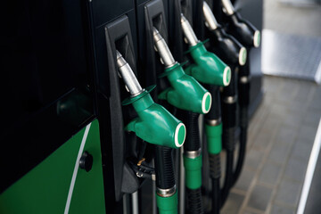 Close up view of various gas pump nozzles