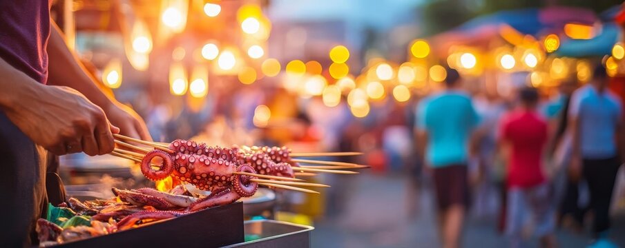 Vendor grilling octopus skewers, vibrant lights, crowded urban market