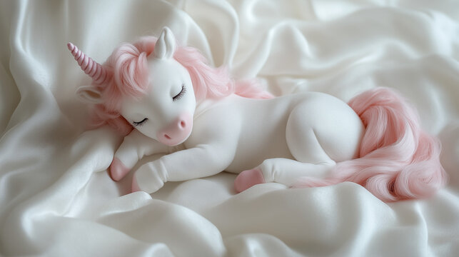 A white baby unicorn sleeping on the white silky blanket