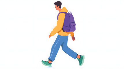 A man walking with a backpack, a flat design illustration on a white background, simple and minimalistic in style. The character is wearing colorful , in a vector art style