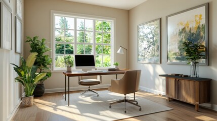 A spacious home office with a minimalist design, featuring a stylish desk, comfortable chair