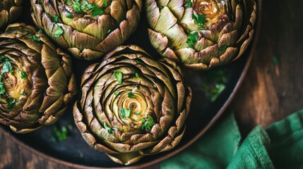 Obraz premium Close-Up of Artichokes on a Wooden Plate