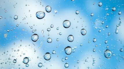 Close-up view of water drops on a glass surface with a blurry blue sky in the background.