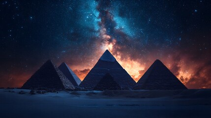 Pyramids forming a ring under a brilliant, clear night sky, with the Milky Way above them, showcasing their sacred alignment with the stars