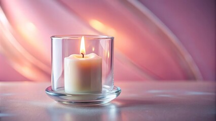 Surreal White Wax Candle in Glass on Soft Pastel Pink Background &ndash; Dreamy Ambience, Minimalist Aesthetic, Tranquil Vibes, Serene Decor, Ethereal Lighting, and Cozy Atmosphere