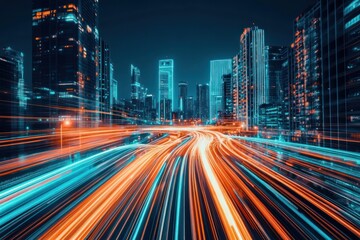 Fototapeta premium Speed light trails city architecture futuristic.