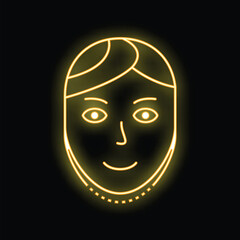 Yellow neon sign showing a smiling woman's face on a black background