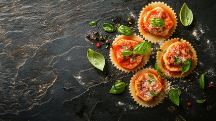 Fototapeta premium Freshly Made Ravioli on Dark Stone Surface