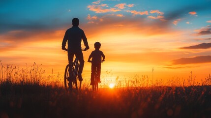 Fototapeta premium Father and Child Cycling at Sunset
