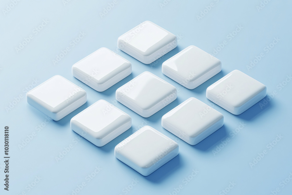 Wall mural nine glossy white square buttons arranged in a diamond pattern on a soft blue surface creating a sim