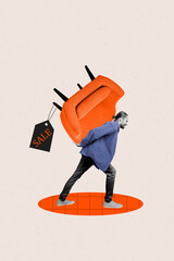 Sketch image artwork collage of sale black friday buy brand shopper offer young guy walk carry back...
