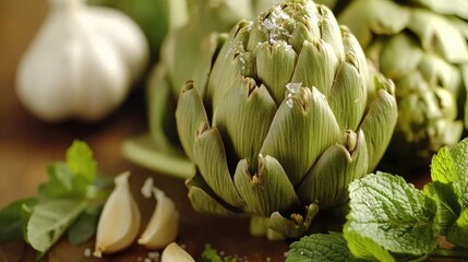 Fototapeta premium Fresh Artichokes on Wooden Table with Garlic and Herbs
