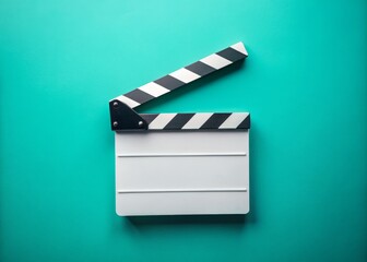Top View of Professional White Acrylic Clapperboard on Turquoise Background - Cinematography Production Concept, Empty Movie Clapboard for Film Industry, Creative Photography