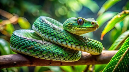 A Vibrant Green Snake Coiled on a Branch, Its Scales Shimmering in the Sunlight, Its Eyes Focused on a Distant Prey, A Moment of Stillness Before the Hunt Begins
