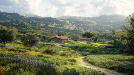 A regenerative farm with rotating crops, healthy soil, and biodiversity boosting ecosystems in a rural landscape