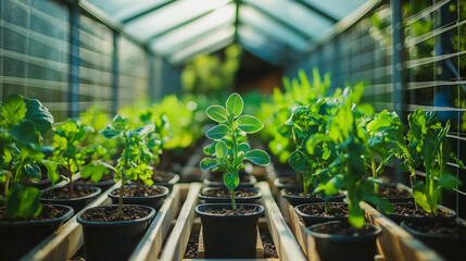 A modern greenhouse using renewable energy, with solar panels and smart irrigation systems keeping plants healthy