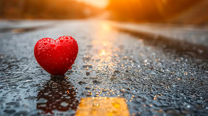Fototapeta premium Red heart getting wet on the road at sunset for world aids day