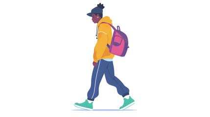 A man walking with a backpack, a flat design illustration on a white background, simple and minimalistic in style. The character is wearing colorful , in a vector art style