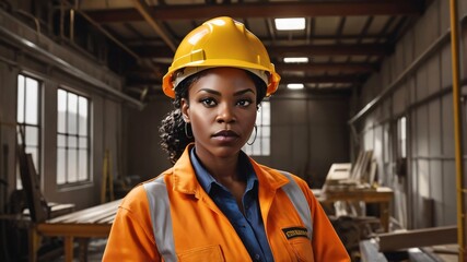 Female engineer standing in a factory wearing hard hat and safety vest