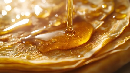 Cinematic close-up of crepes with honey and sugar, with golden brown crepes with maple syrup dripping down the side,