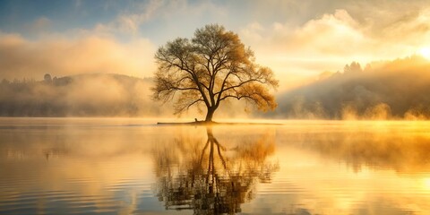 Fototapeta premium A lone tree stands serenely on a misty island, its reflection mirrored in the still water, as the sun bathes the landscape in a warm golden light.
