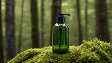 A dark green lampshade for cosmetics with a dispenser stands on a hillock on moss with a forest in the background