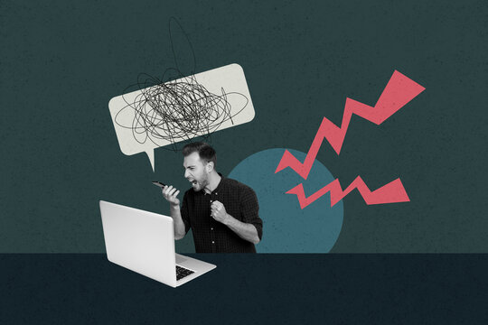 Composite artwork image photo collage of workspace office young man hold phone work laptop bossy scream angry bad mood mess speech cloud
