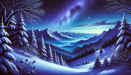 A Mystical Snowy Mountain Landscape under a Deep Blue Starry Sky with Purple Hues and a Hint of Orange, Reflecting Tranquil Winter Harmony