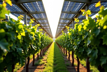 Solar Vineyard. Rows of grapevines under elevated solar panel array, showcasing innovative dual-use of agricultural land for energy and crop production.