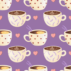 Cute Watercolor Christmas seamless pattern. Ornament with hand drawn Christmas drinks, tea and cookie in heart shape