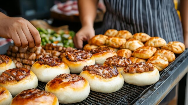 Asian street vendor with pork buns, bustling market, warm atmosphere, cultural flavor, Asian street food, local favorite