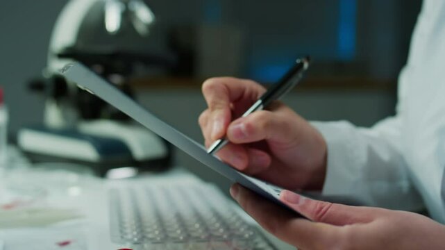 Close up shot of hands of unrecognizable female forensic scientist sitting at desk in crime lab and taking notes on paper